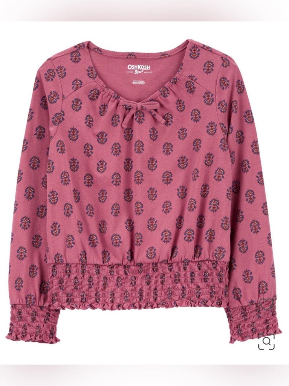 OshKosh B’gosh Girls Pink Floral Smocked Long Sleeve Top Size 10 NWT